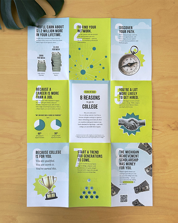 A brochure outlining eight reasons to go to college.