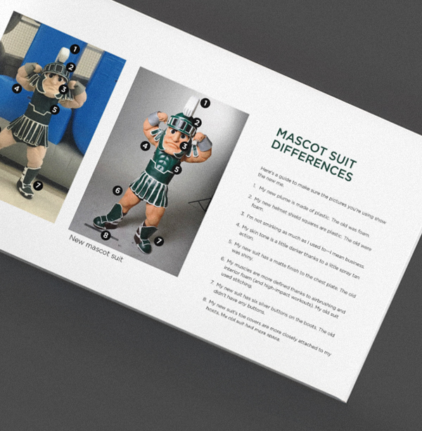 A page of the Sparty brand book highlighting mascot suit differences