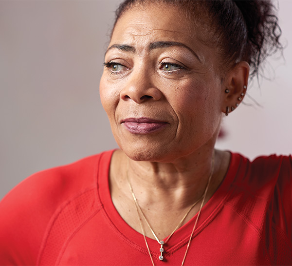 Woman in a red shirt