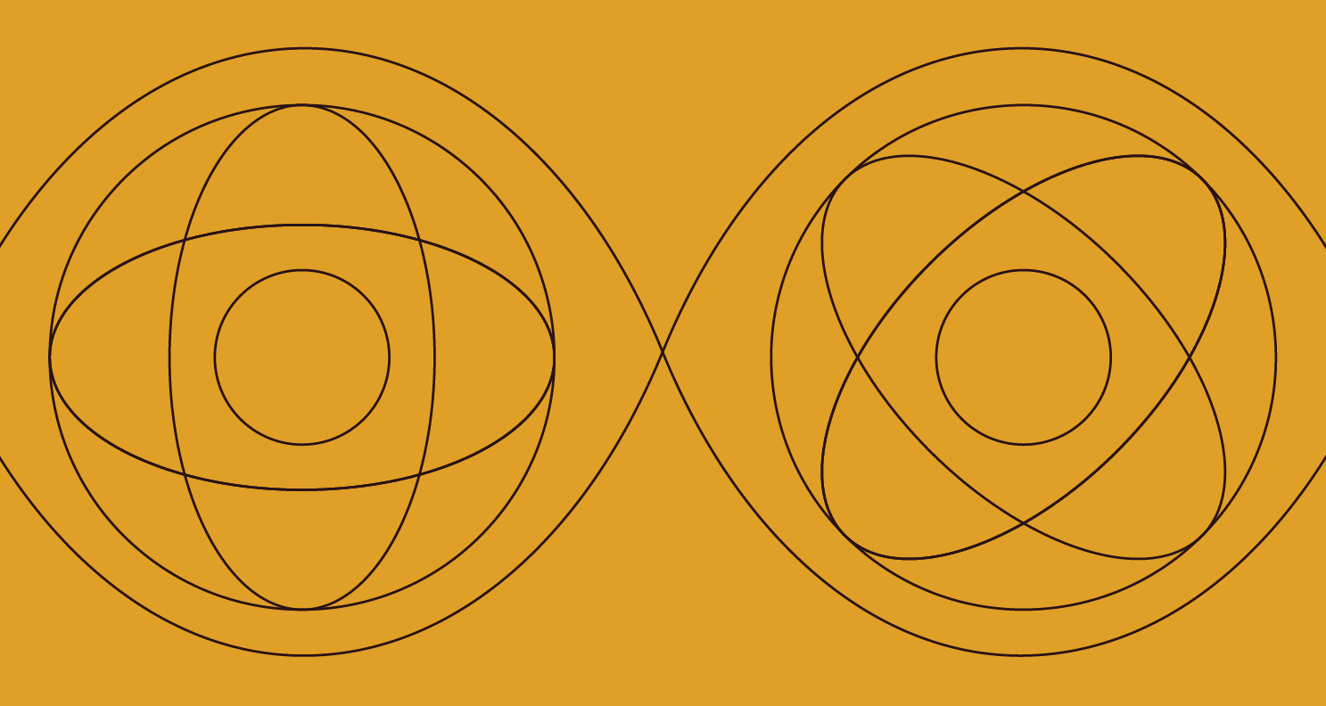 An abstract design with a yellow background and neutron-like swirls. 