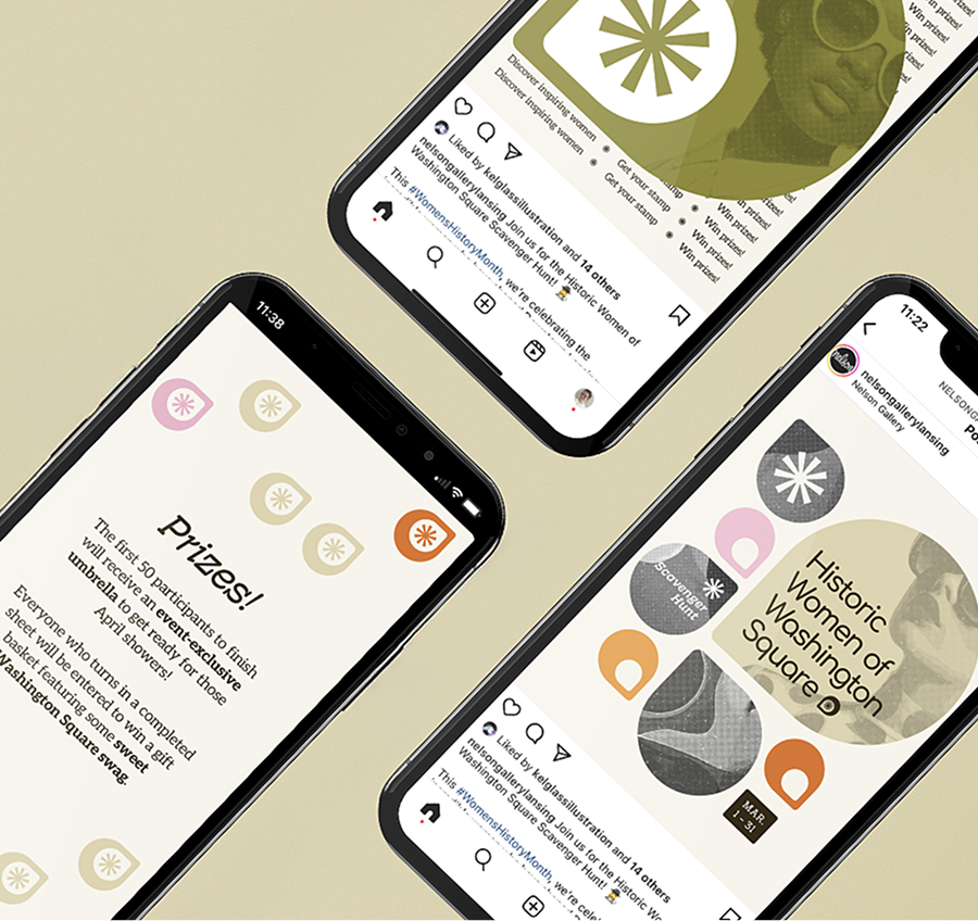 Phones displaying multiple designs promoting the scavenger hunt