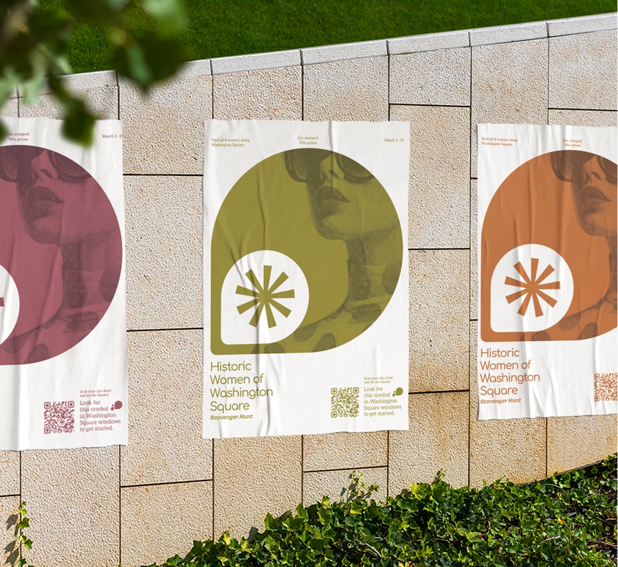 Purple, green, and orange promo posters