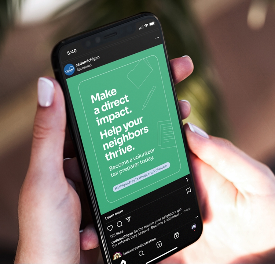 Instagram ad that reads: Make a direct impact. Help your neighbors thrive.