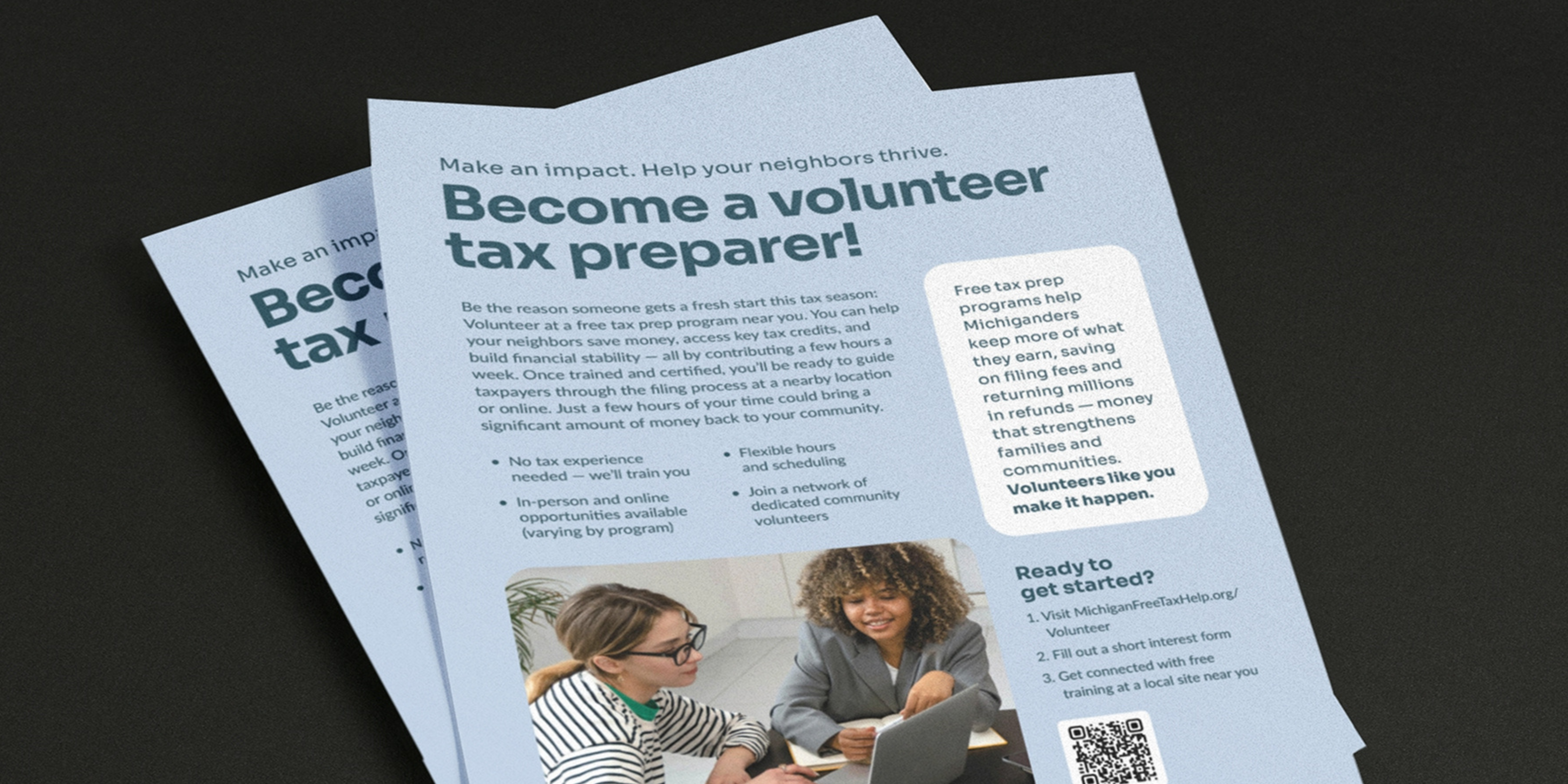 Flyers for free tax prep volunteer opportunities read, "Become a volunteer tax preparer!"