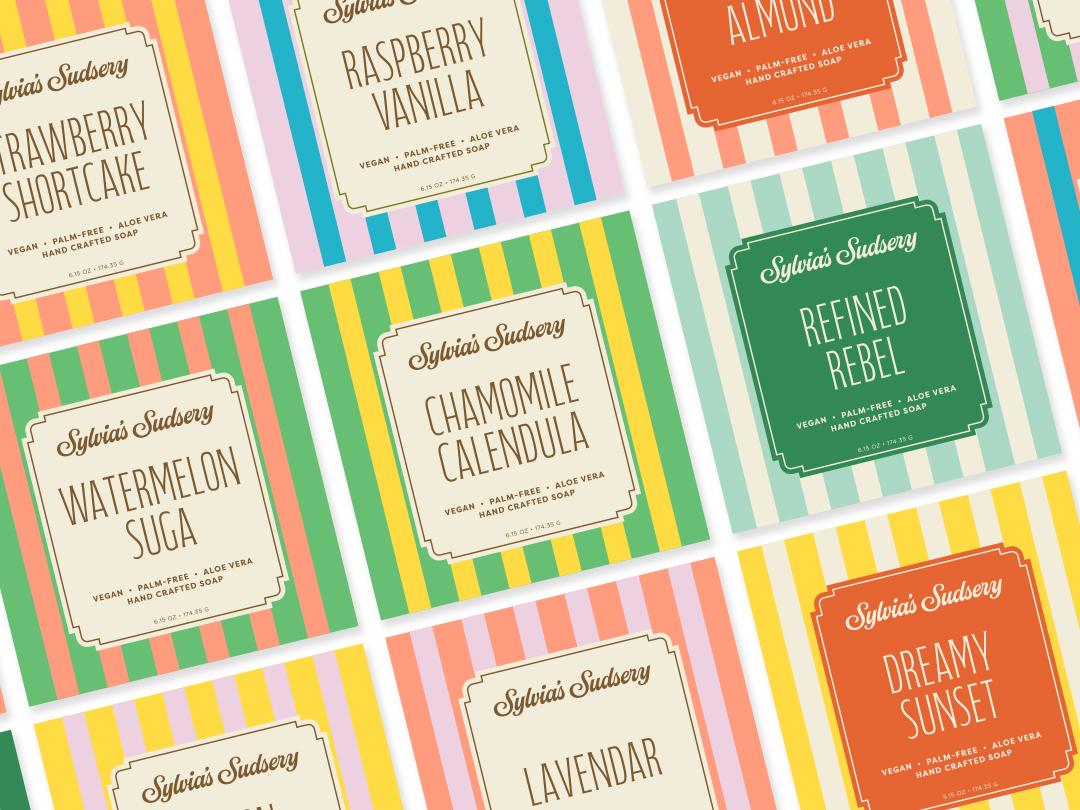Brightly-colored assortment Sylvia's Sudsery soap label designs.