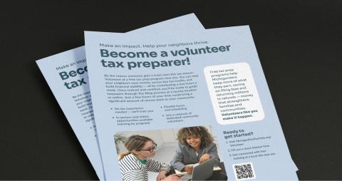 Stack of flyers that read: Become a volunteer tax preparer!