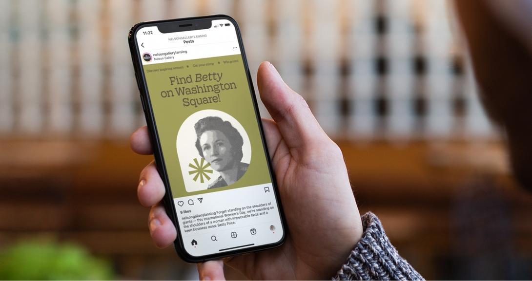 Person viewing instagram post that reads, "Find Betty on Washington Square!"